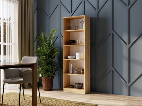 Regał na książki drewniany artisan do salonu w ciepłym odcieniu