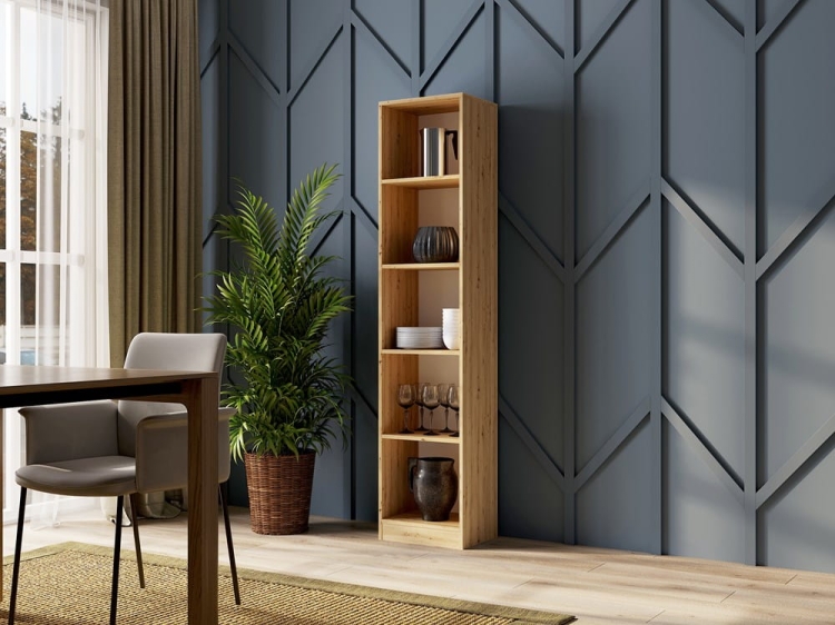 Regał wąski 40 cm drewniany do salonu nowoczesnego