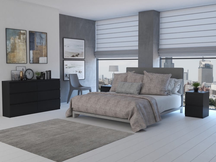 Komoda czarna nowoczesna szeroka, matowe fronty, duża pojemność.