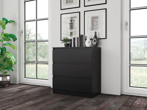 Komoda z szufladami w czarnym macie, o kompaktowej formie, nowoczesnym wyglądzie i praktycznym układzie.