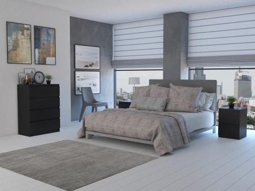 Komoda czarna z szufladami, bez uchwytów, minimalistyczna forma.