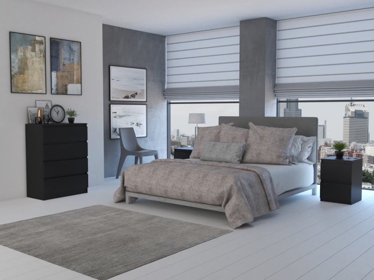 Komoda czarna z szufladami, bez uchwytów, minimalistyczna forma.