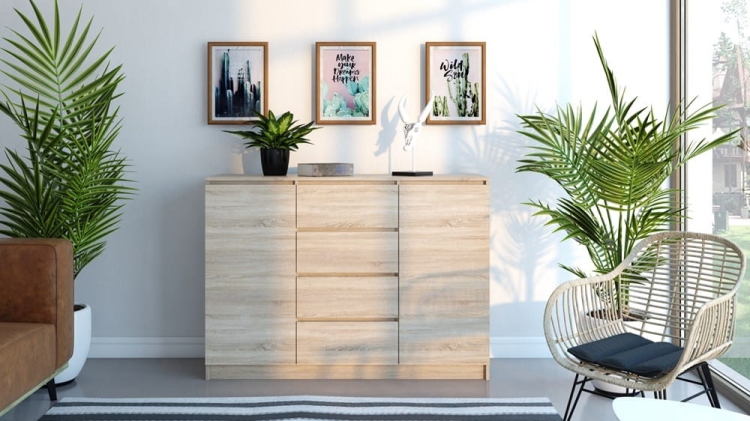 Komoda z szufladami 120 cm wyróżnia się funkcjonalnym układem i wygodnym dostępem do rzeczy.