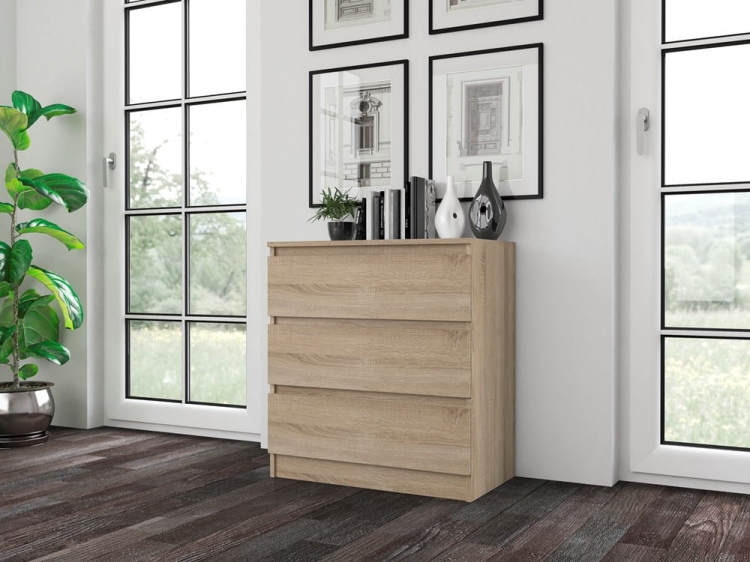 Komoda dąb sonoma z trzema szufladami, mała, nowoczesna, do salonu.