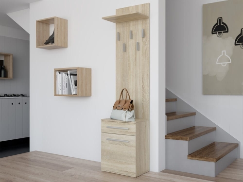 Panel do przedpokoju dąb sonoma z wieszakami i praktyczną szufladą.