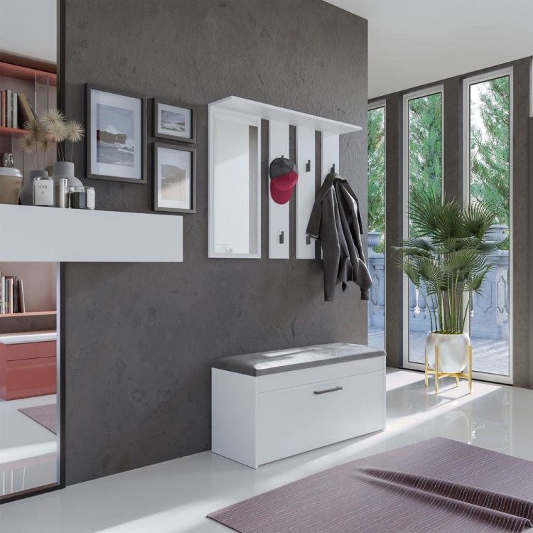 Wieszak do przedpokoju biały PALOMA 100 cm z lustrem i haczykami na odzież jako funkcjonalny mebel do korytarza.