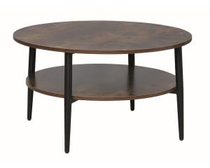 Stolik kawowy okrągły prezentuje model z rustykalnym blatem w kolorze brązu oraz praktyczną półką i czarnym metalowym stelażem.