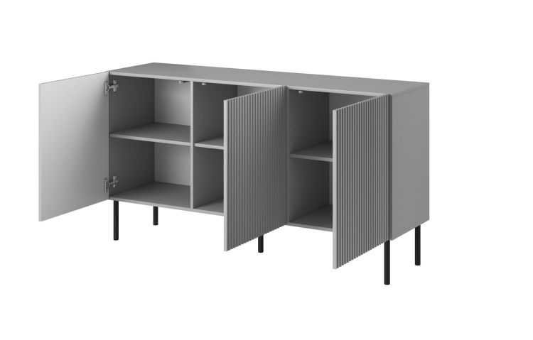 Komoda do salonu szara frezowana na nogach, minimalistyczna, elegancka, funkcjonalna.