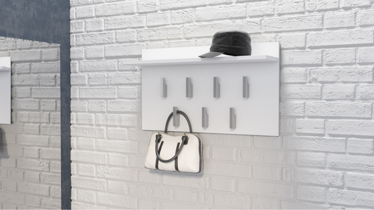 Wieszak do przedpokoju z półką biały POLA 70 cm z haczykami na odzież jako funkcjonalny mebel do korytarza.