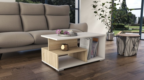 Stolik kawowy dąb sonoma prezentuje funkcjonalny model z białym korpusem i otwartymi półkami idealnymi do przechowywania w salonie.