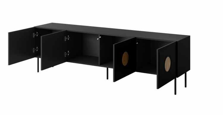 Szafka RTV czarna z frezowanymi frontami i okrągłymi wstawkami z dębu craft.