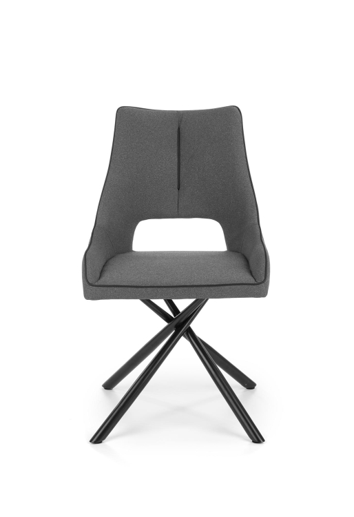 Krzesło tapicerowane popiel z nowoczesną formą i stalową konstrukcją.