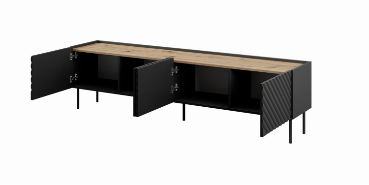 Szafka RTV czarna z frezowanymi frontami i wieńcem w dekorze dąb artisan.