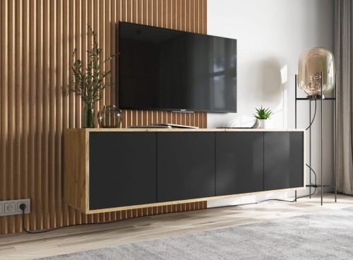 Szafka RTV dąb wotan z czterema frontami i półkami.