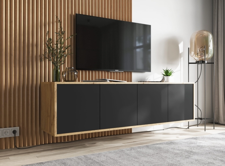 Szafka RTV dąb wotan z czterema frontami i półkami.