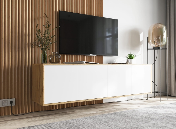 Szafka pod telewizor drewniana z zamykanymi frontami i nowoczesnym designem.