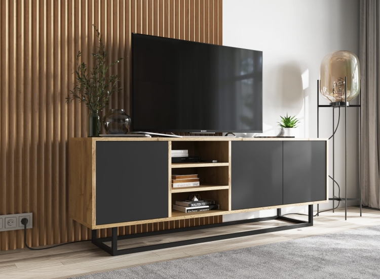 Szafka RTV 150 cm dąb wotan z metalowym stelażem.