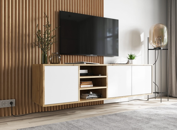 Szafka pod TV dąb z półką na sprzęt i zamykanymi frontami.