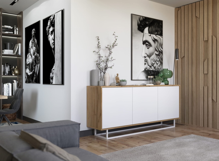 Komoda do salonu dąb wotan szeroka, na metalowym stelażu, minimalistyczna, funkcjonalna.