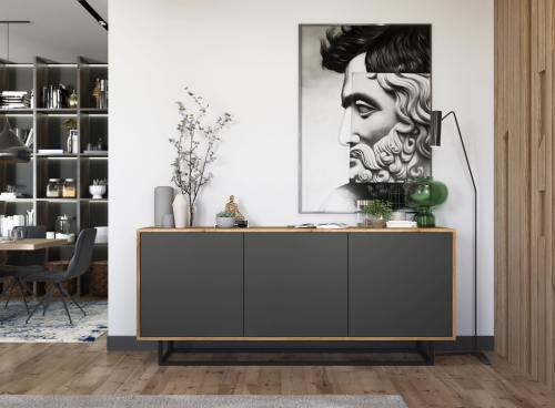 Komoda dębowa do salonu 168 cm z półkami, szeroka, nowoczesna, elegancka.