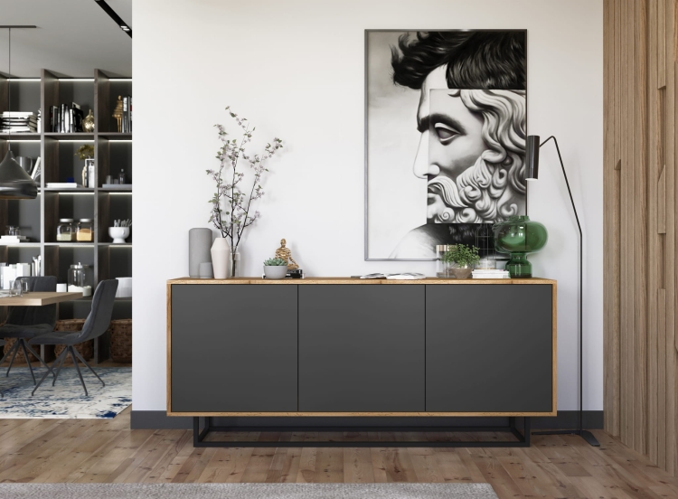 Komoda dębowa do salonu 168 cm z półkami, szeroka, nowoczesna, elegancka.