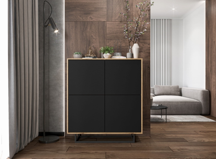 Komoda do salonu z półkami dąb wotan, wysoka, metalowy stelaż, nowoczesna.