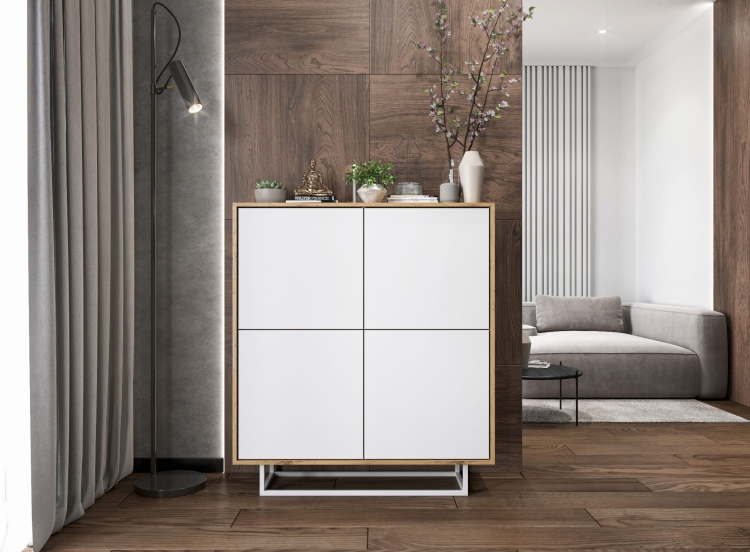 Komoda z półkami do salonu dąb wotan, wysoka, elegancka, minimalistyczna.