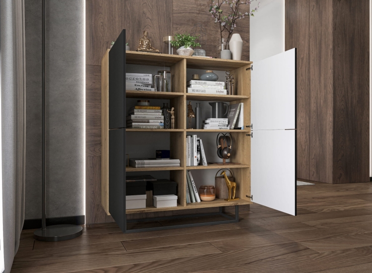 Komoda do sypialni wysoka z półkami dąb wotan, funkcjonalna, nowoczesna, stabilna.