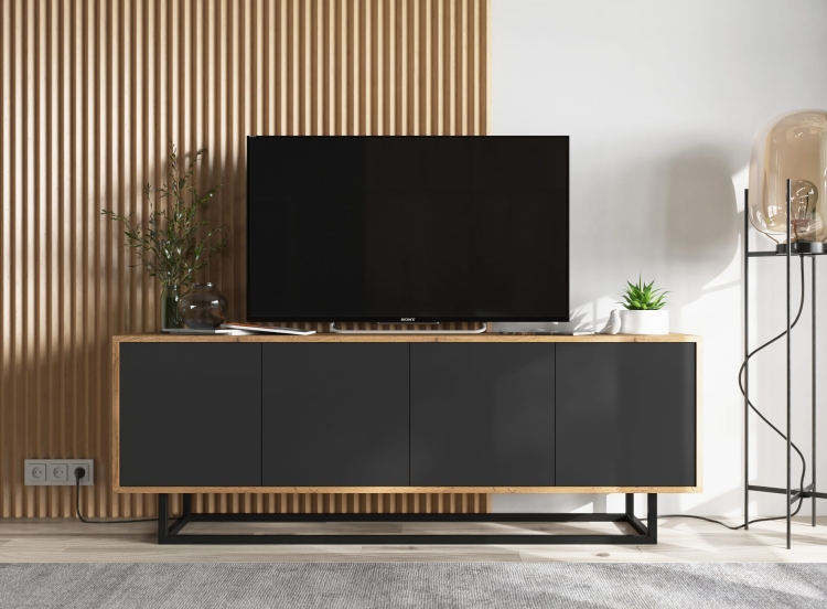 Szafka pod TV drewniana z zamykanymi frontami i nowoczesnym designem.