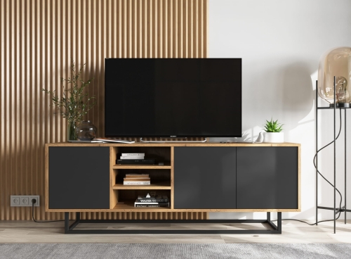 Szafka pod TV drewniana z otwartą komorą i półkami.