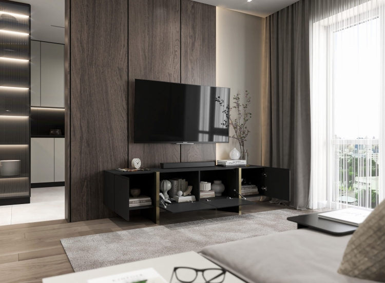 Szafka pod telewizor czarna z minimalistyczną formą i złotymi detalami.