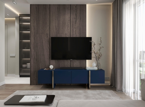 Szafka RTV granatowa 180 cm z czterema klapami i nowoczesnym designem.