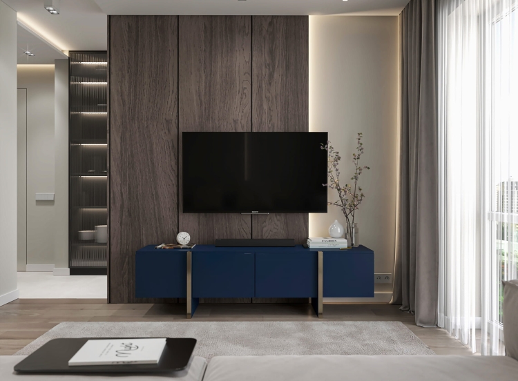 Szafka RTV granatowa 180 cm z czterema klapami i nowoczesnym designem.