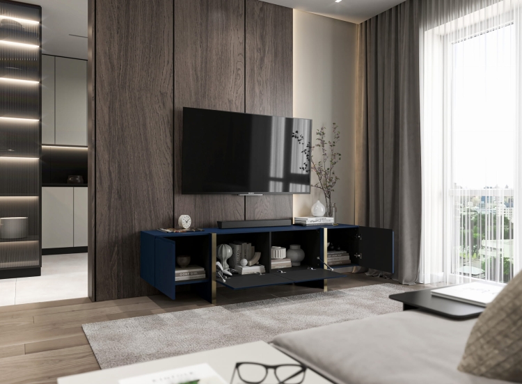 Szafka pod telewizor granatowa z minimalistycznym frontem bez uchwytów.