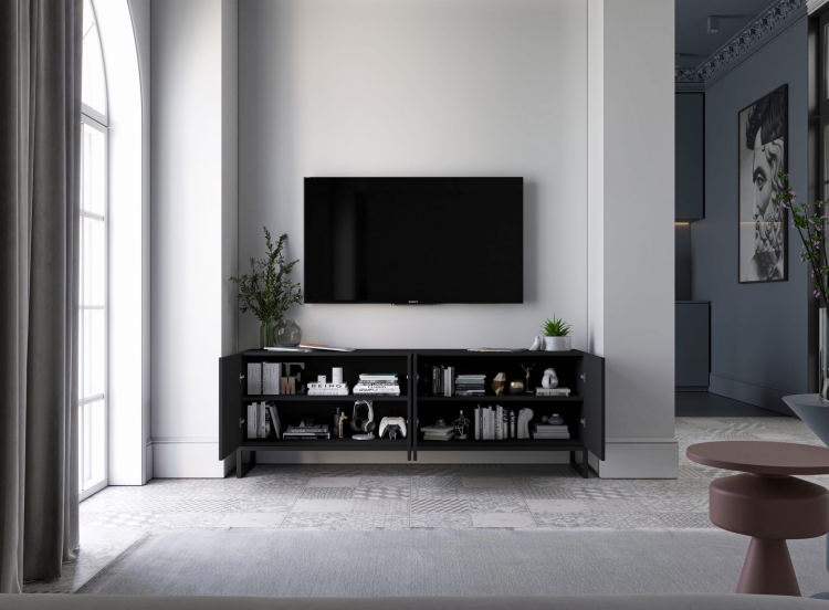 Czarna szafka RTV do salonu z ryflowanym wykończeniem.