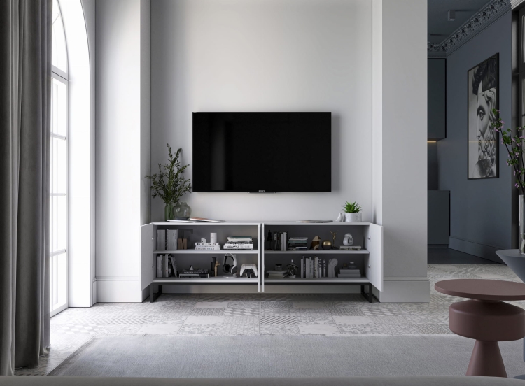 Szafka pod tv biała nowoczesna z frezowanymi frontami i półkami.