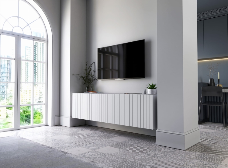 Szafka RTV ryflowana biała matowa z systemem push to open.