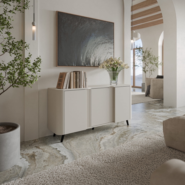 komoda beżowa volare duża do salonu z gładkimi frontami i miękką linią bryły