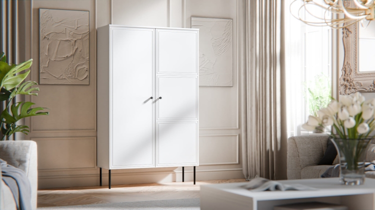 biała witryna do salonu z wysokimi nóżkami i minimalistyczną formą