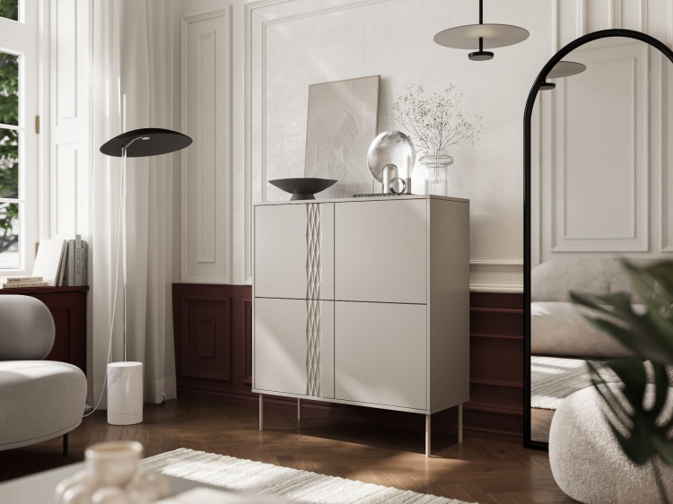 komoda kaszmir tresse 4d smukła na beżowych metalowych nóżkach do nowoczesnego wnętrza