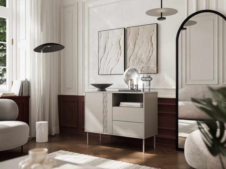 komoda kaszmirowa tresse 1d2s o lekkiej bryle na metalowych beżowych nóżkach