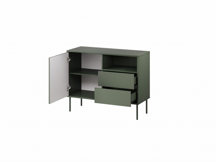 komoda do salonu w zielonym kolorze z otwarta przestrzenia