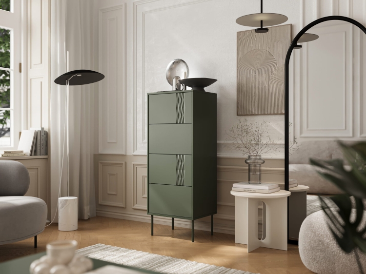 komoda z szufladami w waskiej pionowej formie do nowoczesnego wnetrza