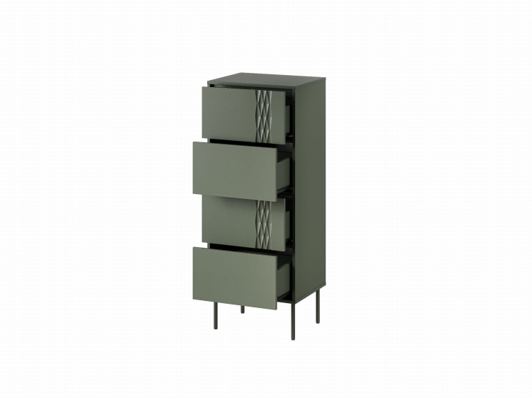 waska komoda z szufladami w zielonym macie jako akcent dekoracyjny