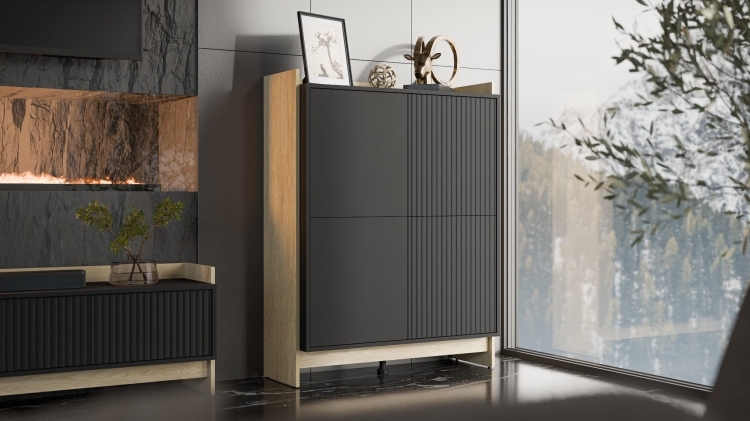 komoda dębowa z czarnymi ryflowanymi frontami ustawiona przy dużym oknie