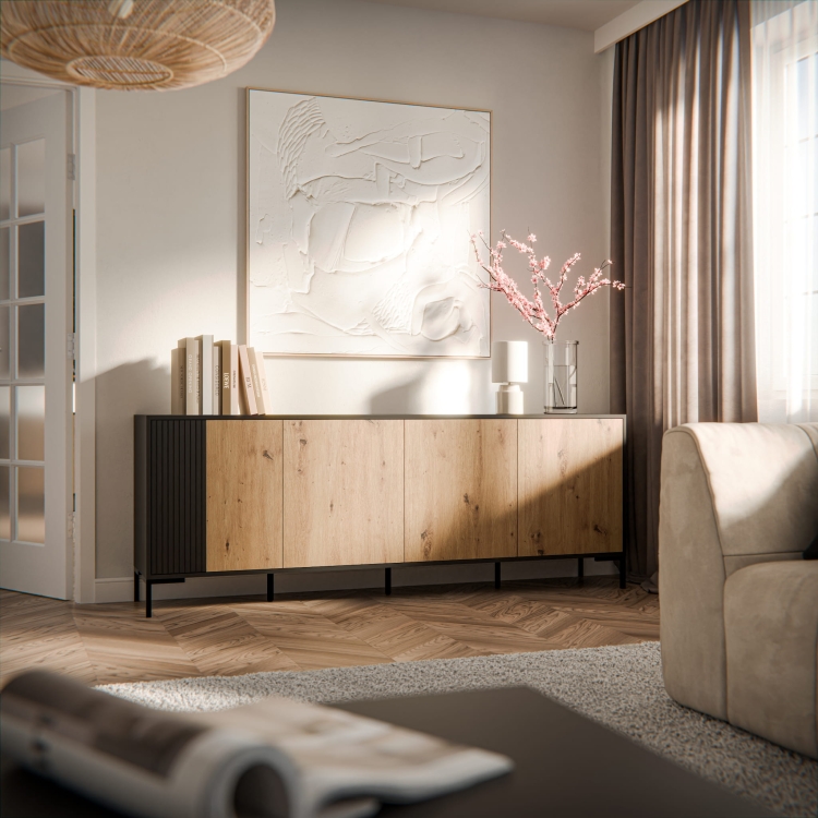 komoda do salonu merci 4d wysoka czarna z naturalnym drewnem i nowoczesną bryłą
