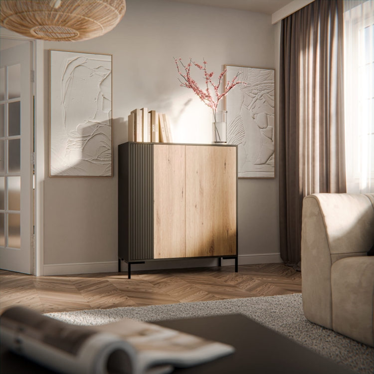 komoda czarna z drewnem merci nowoczesna bryła z kontrastem czerni i dębu artisan