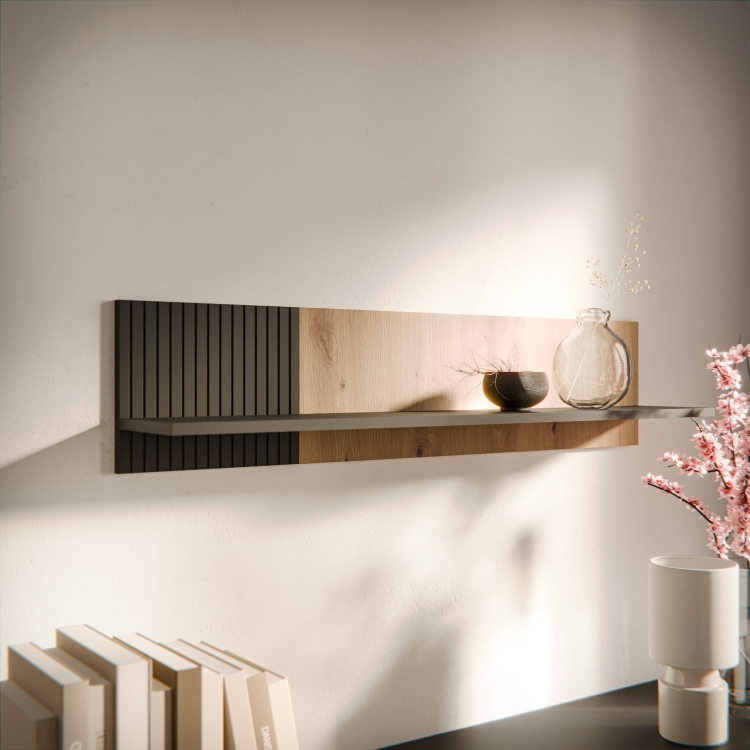 półka ścienna nowoczesna czarny korpus dąb artisan