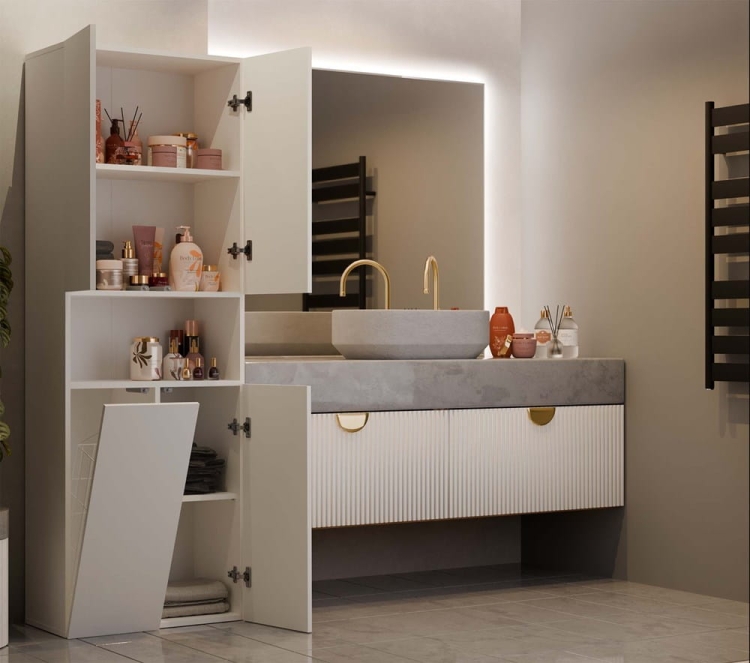 szafka łazienkowa stojąca 60 cm z półkami i koszem na pranie