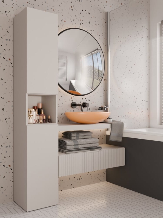 wysoka szafka do łazienki z koszem i półkami